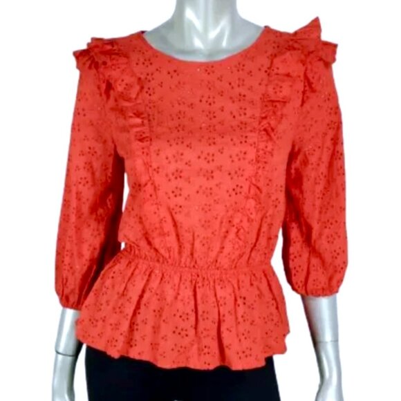 NEW YORK COMPANY NY&CO Red Floral Eyelet Ruffle 3/4 Sleeve Cotton Peplum Blouse - Picture 3 of 14